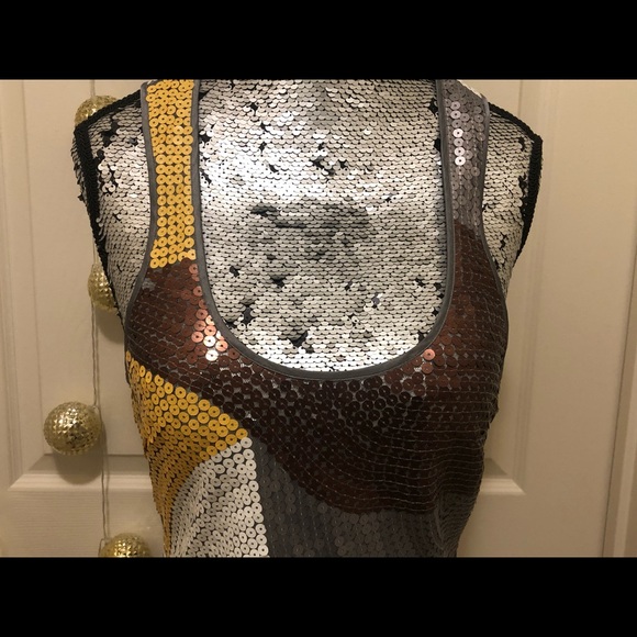 MINI DRESS 60’s Retro Inspired SEQUINS in Yellow White Brown Silver - Picture 4 of 12